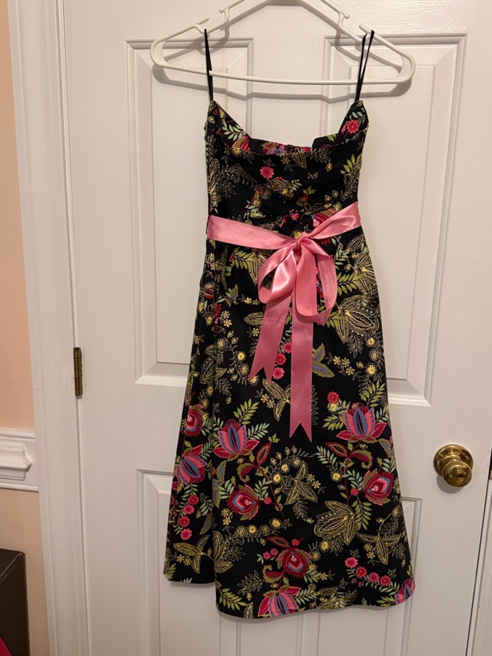 Strapless Black Floral Dress with Pink Sash
